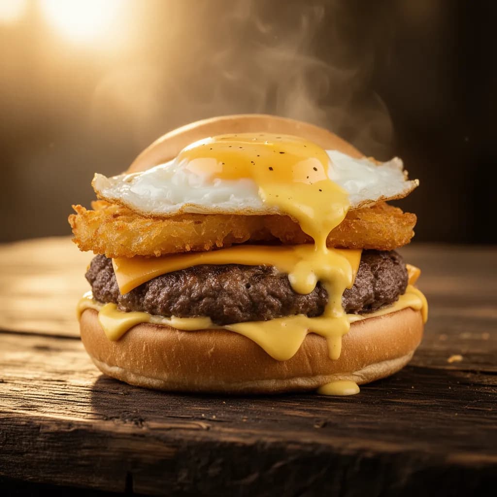 The Breakfast Burger — restaurant-quality dish photo for an online ordering menu